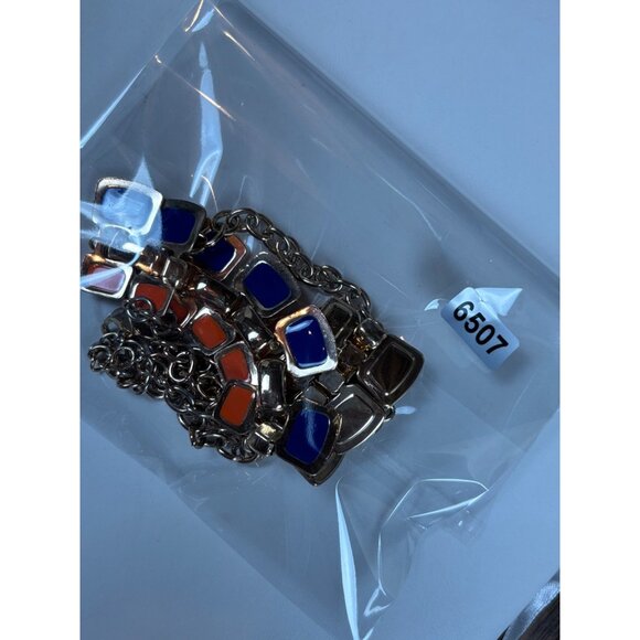 Orange & Blue Statement Necklace With Double Row Square Resin Accents On Gold-To - Picture 4 of 9